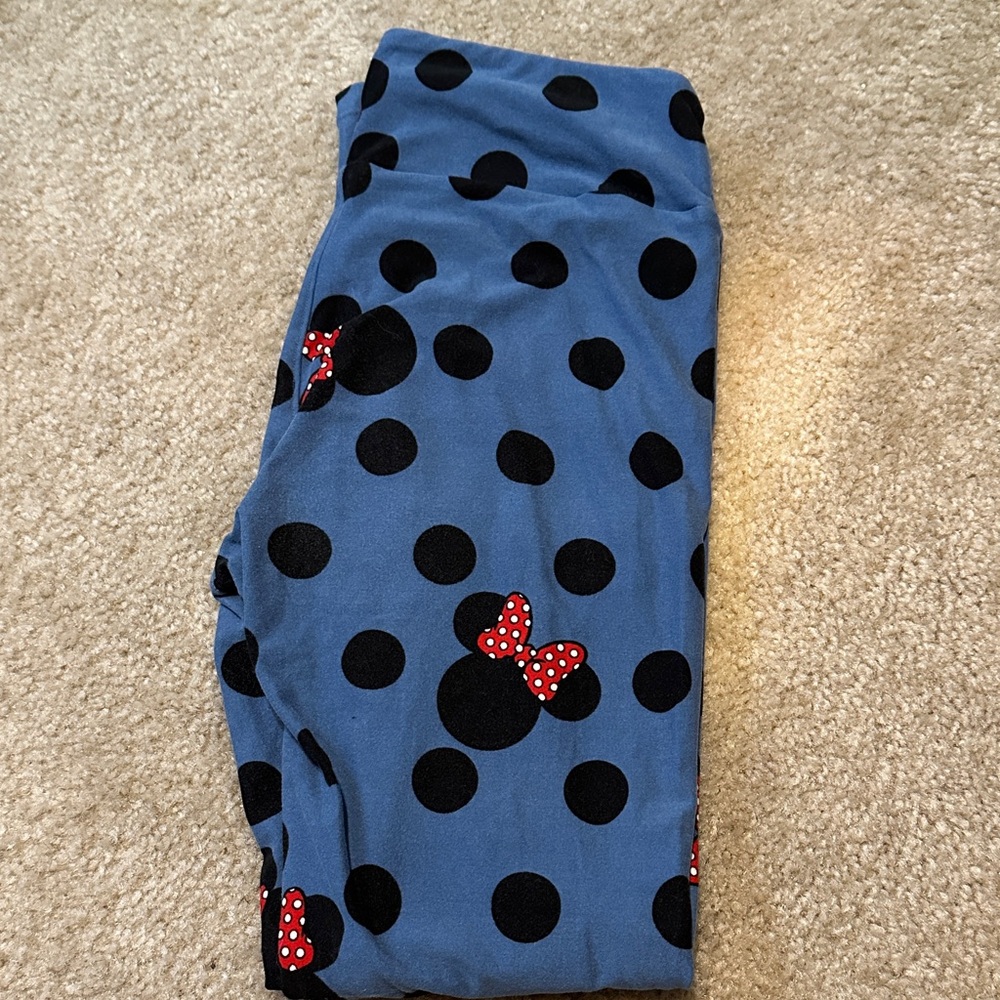 LuLaRoe Disney Blue Leggings with Black Dots and Minnie Mouse Accents